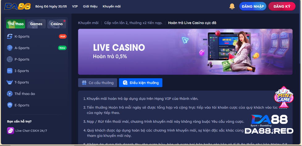 Khuyến mãi live casino hoàn trả 0,5% nhận quà cực đã